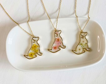 Real Pressed Flower in Resin Necklace, Gold Dog in Pink, Yellow, White Flowers.