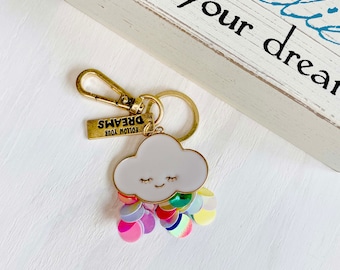 Enamel Cloud Face with Rainbow sequins Charm Keychain