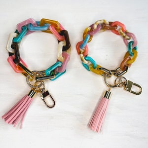 Llavero con pulsera de eslabones gruesos de acetato, llavero colorido con borla