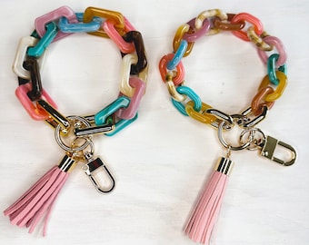 Chunky Acetate Link Bracelet Keychain, Colorful Keychain Wristlet with Tassel