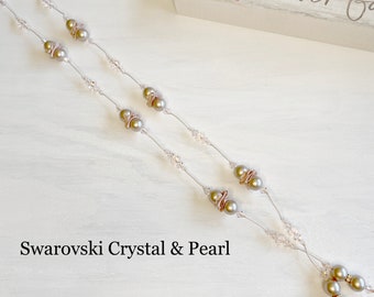 Handmade  Ribbon Flower Adjustable Necklace, made with Swarovski Crystal & Swarovski Pearl. Four different Colors