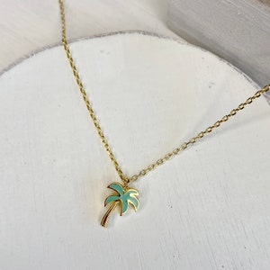 18k Gold Dipped Minimalist Palm Tree Necklace, Tiny Enamel Palm Tree Necklace