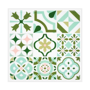 10 PCS Green Tone Vintage Pattern Square Tile Stickers, 3D Crystal Peel & Stick Tiles: Glossy, Waterproof, DIY Wall Decor for Indoor