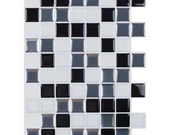 10 PCS Minimalist Black and White Mosaic Tile Stickers, 3D Crystal Peel & Stick Tiles: Glossy, Waterproof, DIY Wall Decor for Indoor