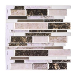 May include: A sheet of peel and stick tile backsplash with a faux marble design. The tiles are in shades of brown, beige, and white. The tiles are arranged in a staggered pattern.