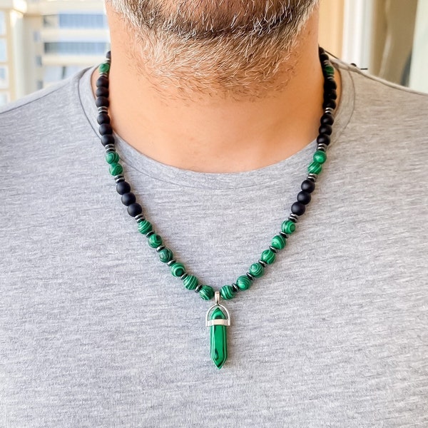 Men's Healing Stone Handmade Necklace, Yoga Necklace For Men Meditation Beaded Men's Necklace, Malachite Bead Men's Necklace, Christmas Gift