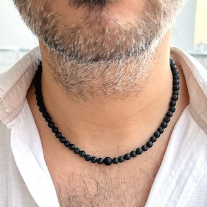 Black Lava Necklace for Men&#39;s (6mm) Men Crystal Necklace Men Bead Choker Gemstone Black Choker Man Jewelry Gift For Husband Men&#39;s Accessory