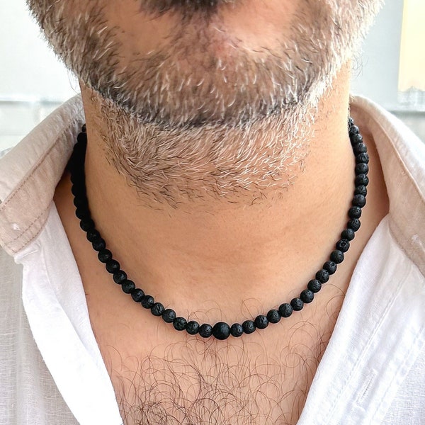 Schwarze Lava Halskette für Männer (6mm) Männer Kristall Halskette Männer Bead Choker Edelstein Schwarz Choker Mann Schmuck Geschenk Für Mann Männer Accessoire