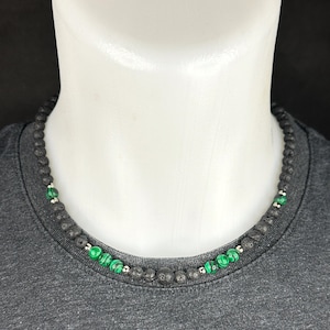 Men&#39;s Beaded Necklace, Black Necklace for Men, Malachite Gemstone Necklace, Lava Men&#39;s Jewelry, Gift For Husband Boyfriend, Men&#39;s Accessory