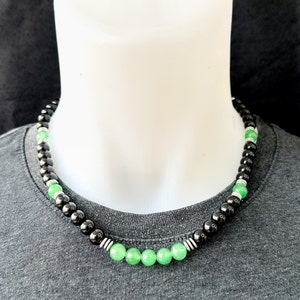 Green Jade Necklace for Men&#39;s & Black Onyx Beaded Hematite Necklace Metaphysical Heart Chakra Crystal Healing Necklace Unisex Christmas Gift