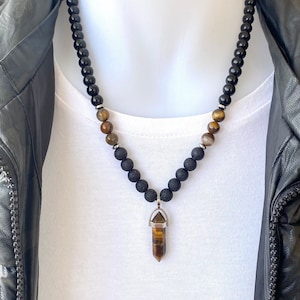 Tiger Eye Necklace Mens, Onyx and Tiger Eye Necklace, Tiger Eye Necklace Pendant, Onyx Beaded Necklace, Tigers Eye Beaded Necklace