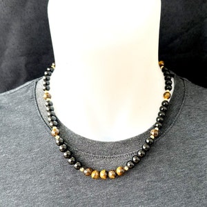 Tiger Eye & Black Onyx Necklace: Natural Gemstone Beaded Choker