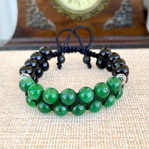 Green Emerald Agate Bracelet for Men Gemstone Black Onyx Bracelet Women Crystal Stone Bracelet Bead Jewelry Double Adjustable Christmas Gift