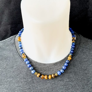 Unique Lapis Lazuli Tiger&#39;s Eye Beaded Choker&#39;s Necklace Men&#39;s Gemstone Protection Stone Tiger Eye Jewelry Gift For Men Christmas Gift 8mm