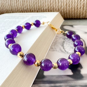 Vergoldetes Armband mit Amethyst Stein, Amethyst Kristall Perlenarmband 8mm, Dark Purple Amethyst Armband, Heilstein, Geschenk für Frauen