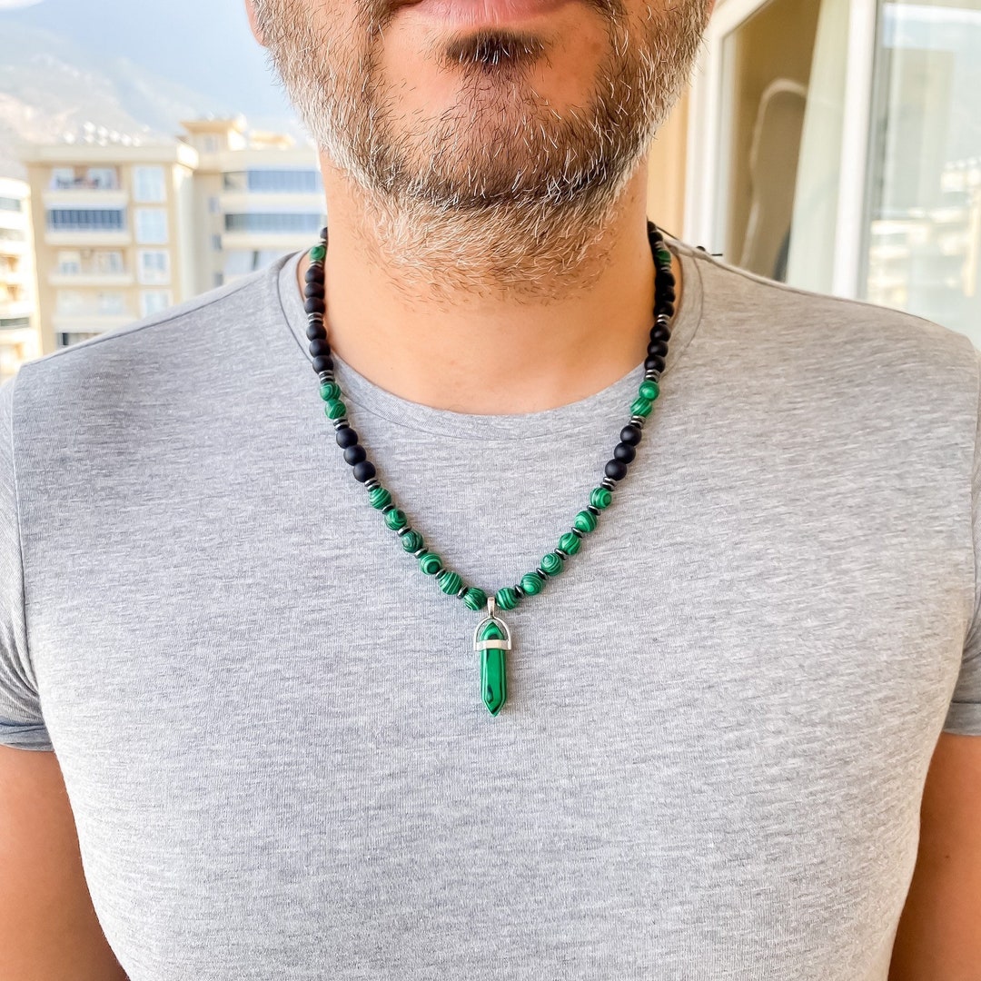Bead Malachite Necklace Mens Men's Healing Stone Handmade Necklace