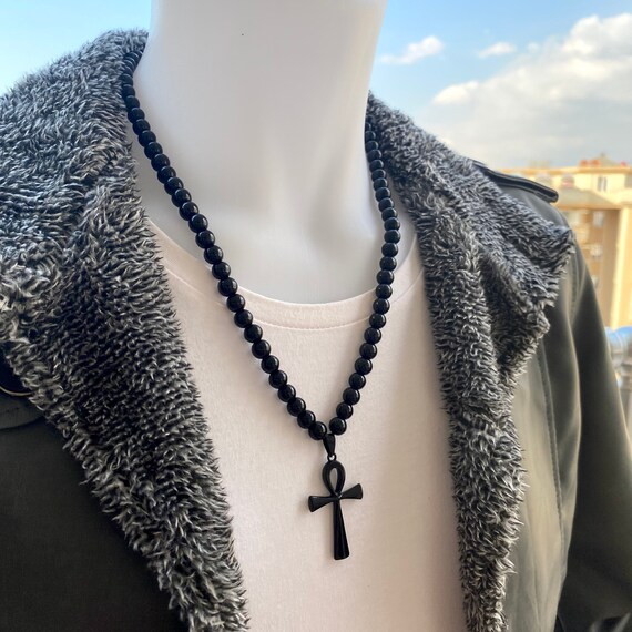 Onyx Ankh Necklace - Ankh Cross Necklace for Women, Onyx Ankh Gift for Him and Her - Black Men Ankh Necklace - Men Christ Christian Pendant