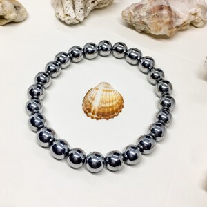 Hematite Bracelet: Round Natural Stone, Elastic Stacking Jewelry