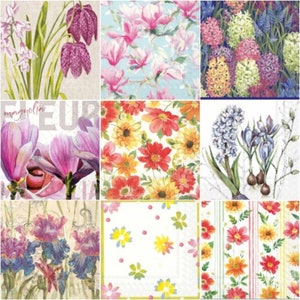 NINE (9) Decoupage Individual Paper Cocktail Napkins, Premium Design Bundle Assortment for Junk Journals Scrapbooking and Crafts - FLOWERS 3