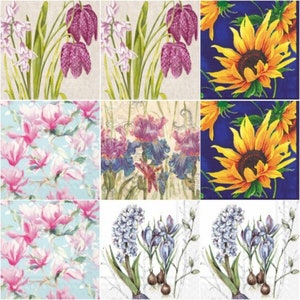 NINE (9) Decoupage Individual Paper Cocktail Napkins, Premium Design Bundle Assortment for Junk Journals Scrapbooking and Crafts - FLOWERS 4