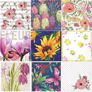NINE (9) Decoupage Individual Paper Cocktail Napkins, Premium Design Bundle Assortment for Junk Journals Scrapbooking and Crafts - FLOWERS 1