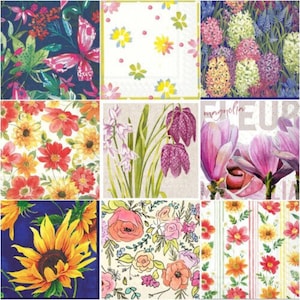 NINE (9) Decoupage Individual Paper Cocktail Napkins, Premium Design Bundle Assortment for Junk Journals Scrapbooking and Crafts - FLOWERS 2