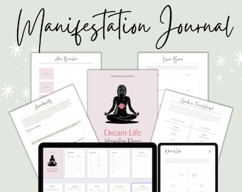 Op de afbeelding: Een digitaal manifestatiejournaal met een roze en witte kleurstelling. Het journaal bevat pagina's voor vision boards, doelstellingen, dankbaarheid en affirmaties. De tekst "Dream Life" en "Manifesting Planner" staat op de omslag.