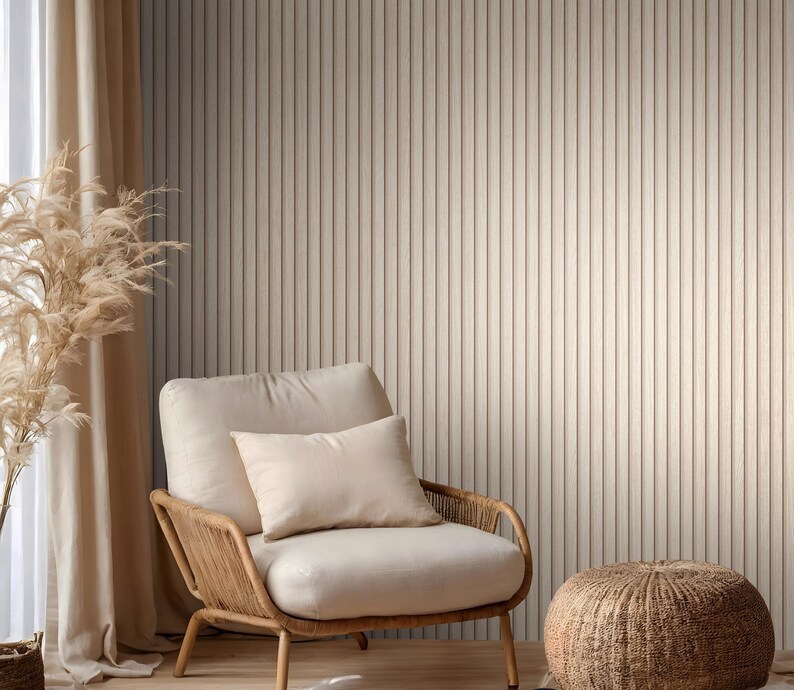 Papel pintado autoadhesivo, aspecto madera beige, paneles de madera escandinavos para paredes y muebles, 6,00 x 0,53 m imagen 3