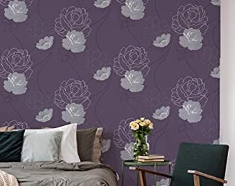 Tapete Blumen Lila Blumenmuster Vliestapete Vintage Floral Tapete Blätter Landhaus Rosen für Wohnzimmer Schlafzimmer