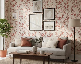 Bloemenbehang van vliesstof: Bladeren en ranken in roestbruin/beige – Modern behang in landelijke stijl voor woon- en slaapkamer, gemaakt in Duitsland, Marburg, 10,05 x 0,53 m