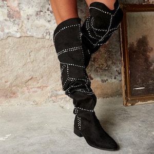 Suede over the knee boots flat wide calf shop