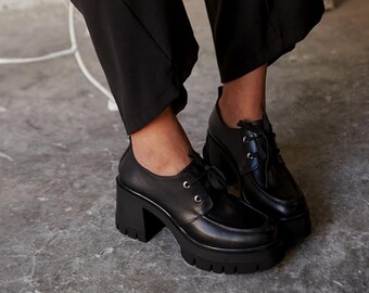 Black platform Loafers, Genuine Leather, Women's Platform Heeled Loafers,brown platform loafer,high heeled loafer