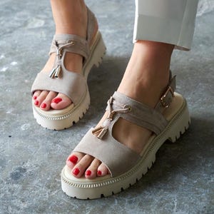 Beige Suede Platform Sandals: Chunky Sole Tassel Detail