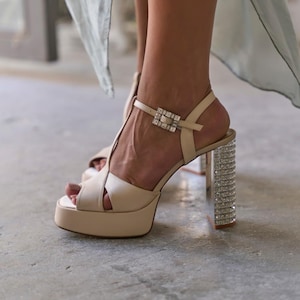 Champagne Satin Platform Heels, Crystal Block Heel Wedding Sandals, Ankle Strap Heels