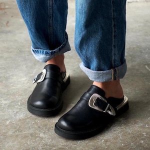 Handmade Black Leather Buckle Mules, Unisex Western Clogs, Women Leather Sandals