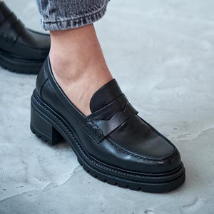 Women&#39;s Black Leather Platform Loafers, Chunky Slip On Shoes,Handmade Comfortable Everyday Shoes, Modern Classic Style,Brown Leather Loafers