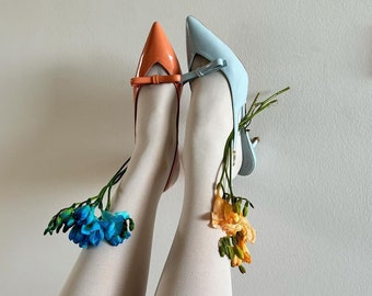 Baby blue open back heels,patent leather heels,bridal shoe,wedding shoe,genuine leather heeled shoe,black,orange heels,bow tie detail heels