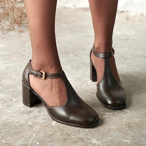 Brown Mary Jane T-Strap Heels, Leather Block Heel Shoes for Women, Handmade Retro Pumps, Ankle Strap Heels, Black Mary Jane Shoes
