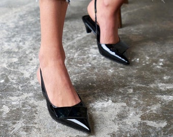 Black patent leather short heels,Bridal shoes,wedding shoes,red heels,open back heels,pointed toe shoes,ankle strap heels,vegan leather shoe