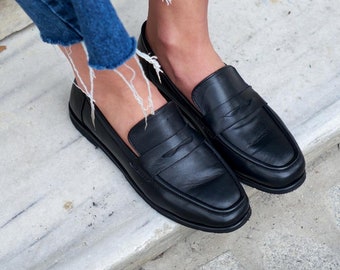 Black leather Loafer,Genuine leather shoes,Ecru and mink leather Loafers,low heeled shoes,oxford shoes,handmade loafers,women casual shoes