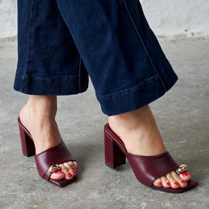 Burgundy Leather Block Heel Mules, Chunky Open Toe High Heel Sandals for Women, Elegant Slip On Heels with Gold Detail,Black And Brown heels