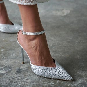 Silver Crystal Stiletto Heels,Satin Bridal Shoes with Ankle Strap, Wedding High Heeled Sandals,Evening Shoes