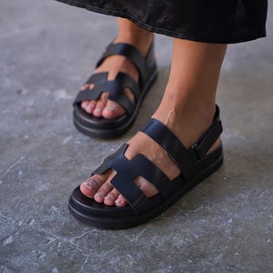 Black Leather Chunky Sole Sandals, Bold Double Strap, Comfortable Summer Shoes
