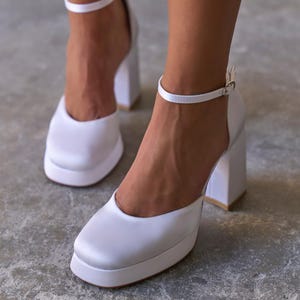 White Satin Platform Heels, Chunky Bridal Shoes with Ankle Strap, Block Heeled Sandals