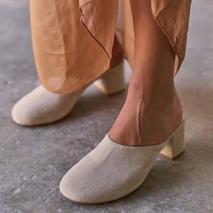 Handmade Beige Suede Block Heel Mules, Women Leather Slip-On Sandals, Heeled Sandals