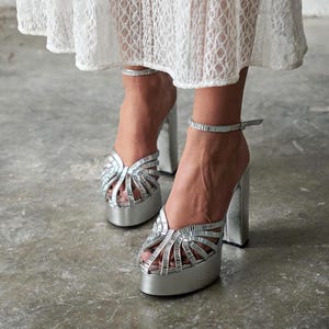 Silver Leather Platform Heels, Metallic Strappy Chunky Heel Sandals, High Heeled Shoes
