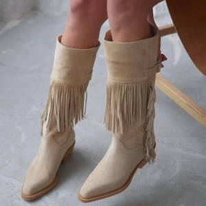 Beige suede Fringe knee high boots,wide calf boots,block heeled boots,brown suede boots,pointed toe boots,western boots,suede tall boots