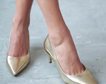 Goldleder Low Heel Pumps, Spitze Zehen Stilettos für Frauen, Perfekte Hochzeit, Party & Abendschuhe, Kleid Heels, Silber und Schwarz Heels