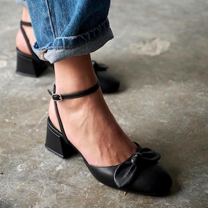 Black Handmade Leather Block Heels, Ankle Strap Bow Tie Shoes, Mary Jane Shoes