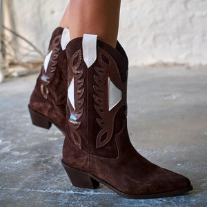 Daveigh cheetah print suede studded western block heel booties 2025